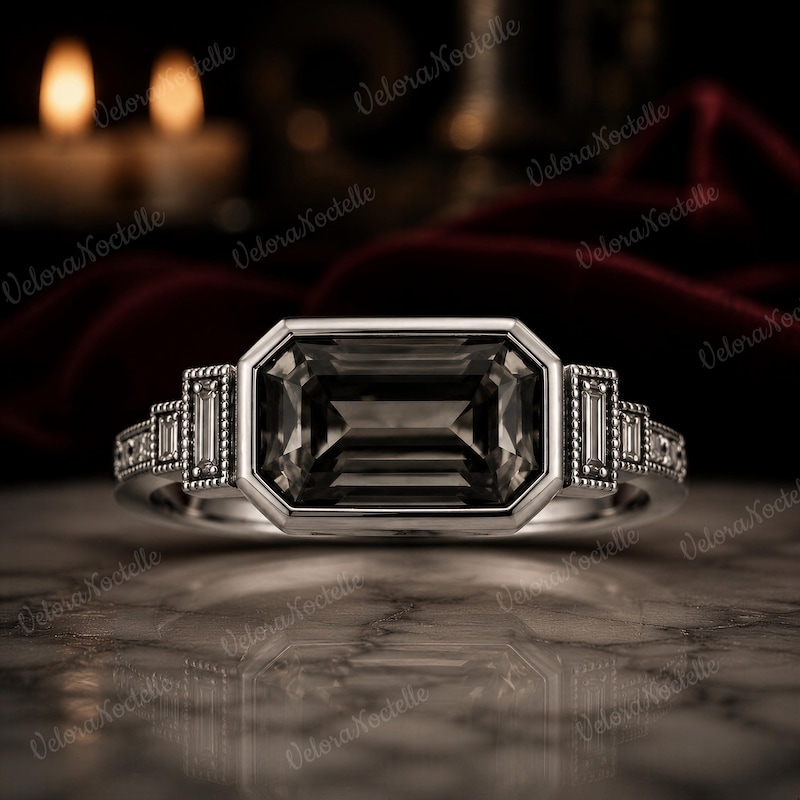 Gothic East-West Emerald Cut Smoky Quartz Engagement Ring, Art Deco Ring, Bezel Set