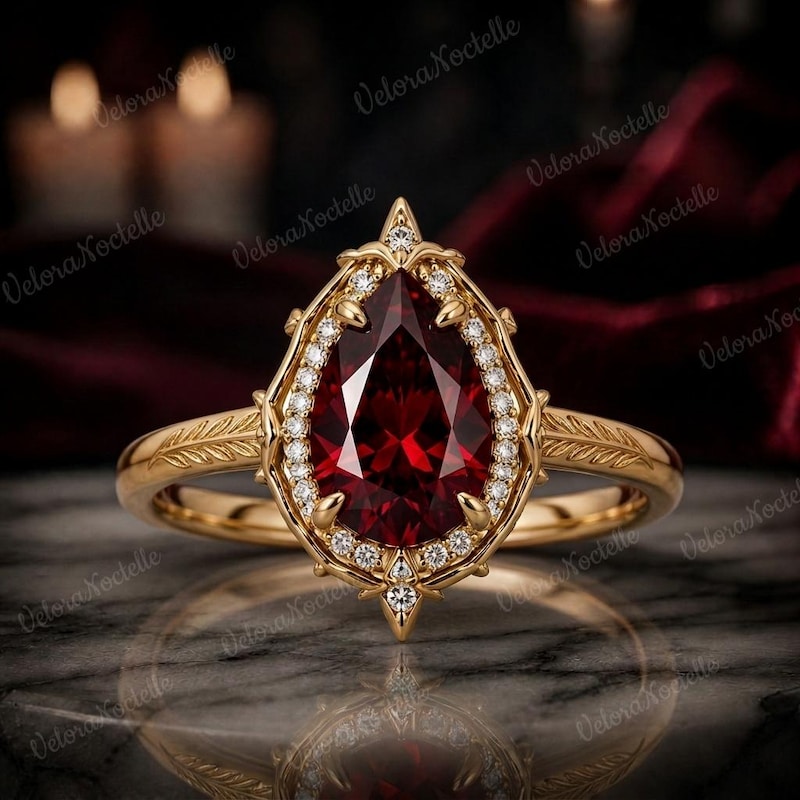 Pear Garnet Halo Engagement Ring, Vintage Gold Leaf Band, Unique Anniversary Gift for Her