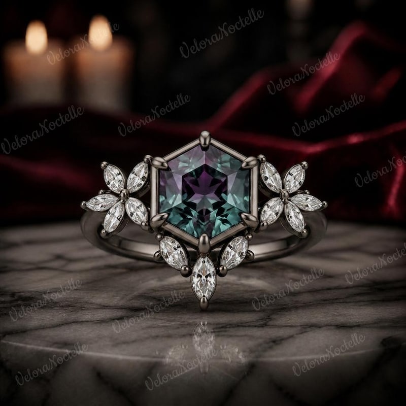 Unique Gothic Hexagon Cut Alexandrite Ring, June Birthstone, Moissanite Flower Cluster, Engagement Wedding Ring