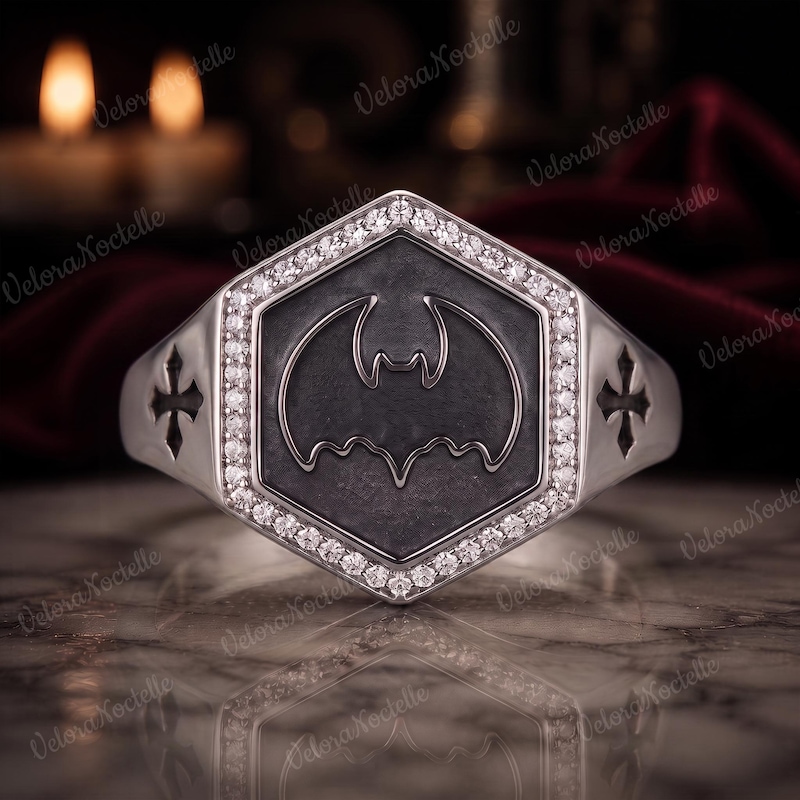 Gothic Bat Signet Ring for Men, Moissanite Halo Ring,  Unique Cross Wedding Gift