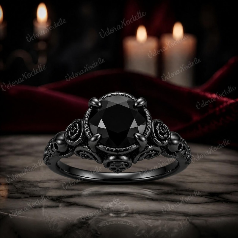 Gothic Skull Rose Black Onyx Engagement Ring, Witchy Promise Ring, Gift for Her