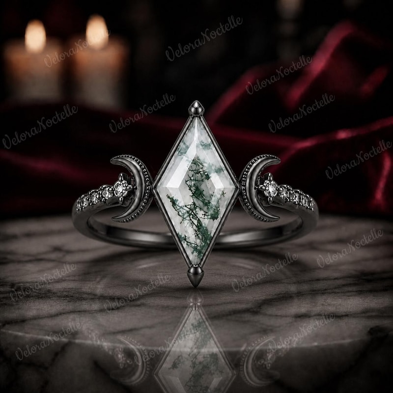 Moss Agate Kite Moon Ring, Unique Gothic Engagement Band, Promise Ring Anniversary Gift