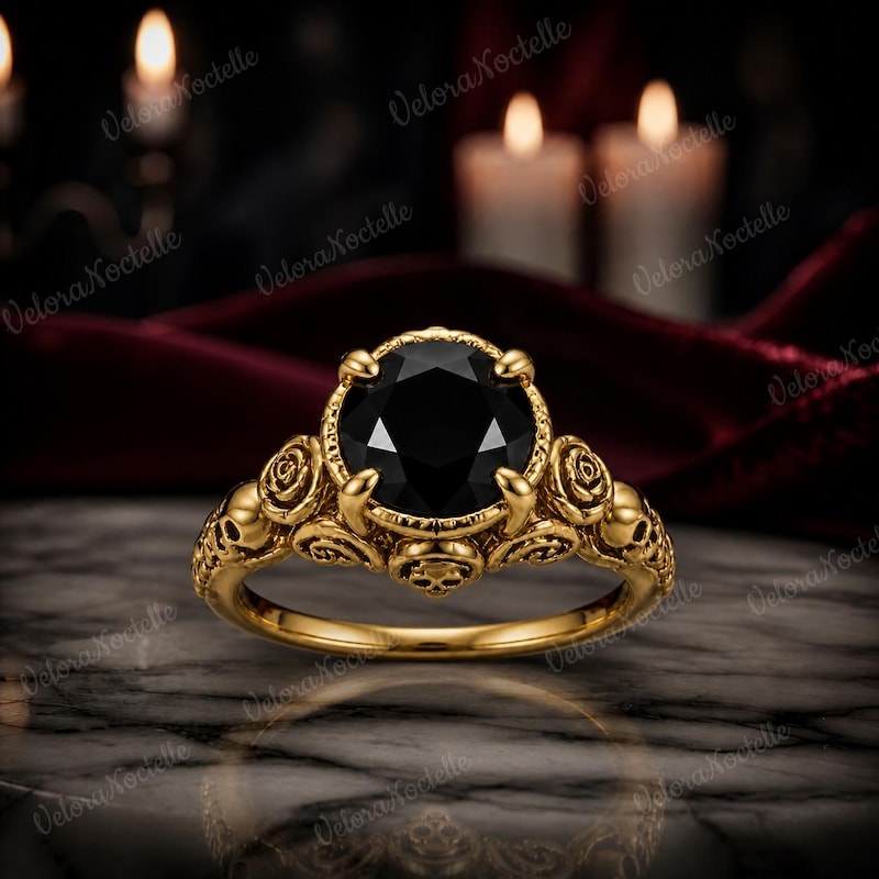 14K Yellow Gold Gothic Skull Black Onyx Engagement Ring - Unique Promise Ring Gift