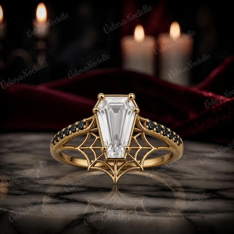 Coffin Cut Moissanite Spider Web Engagement Ring, Gothic Promise Ring, Gift For Her