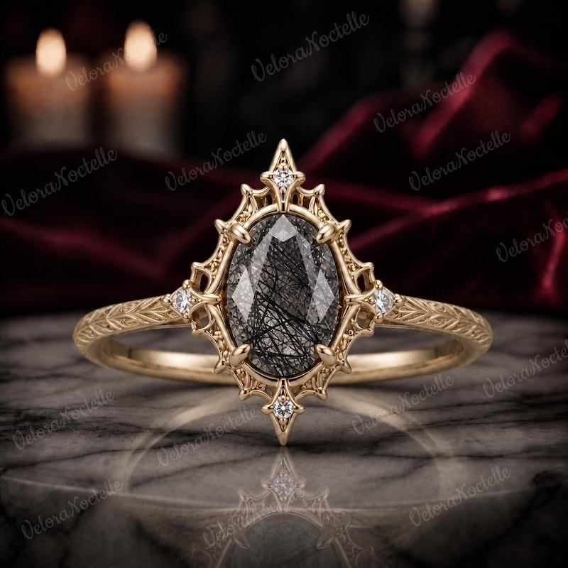Gothic Black Rutilated Quartz Engagement Ring, Unique Wedding Band, Promise Ring Gift