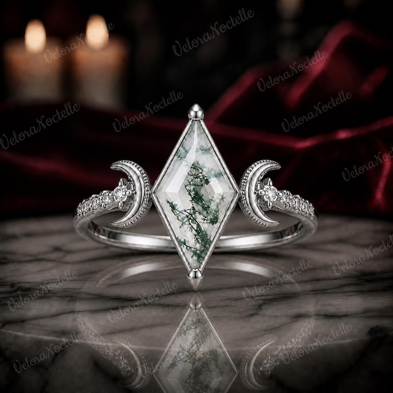 14K White Gold Moss Agate Kite Moon Ring, Unique Gothic Band, Promise Ring