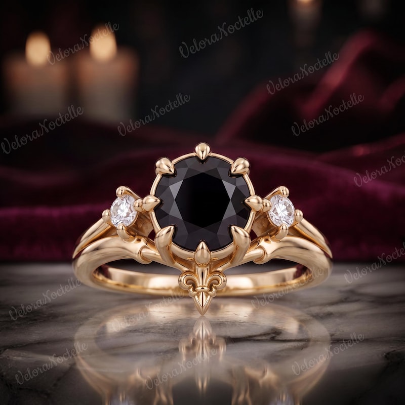 14K Gold Black Onyx Ring, Gothic Rose Skull Filigree Design, Statement Jewelry