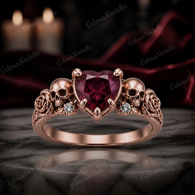 14K Rose Gold Gothic Heart Ruby Skull Ring, Halloween Engagement Ring, Gift for Her