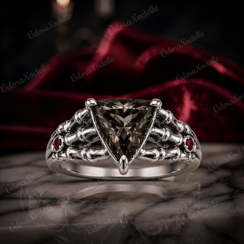14K Gothic Skeleton Hand Design Smoky Quartz Ring, Halloween Engagement Ring, Statement Band