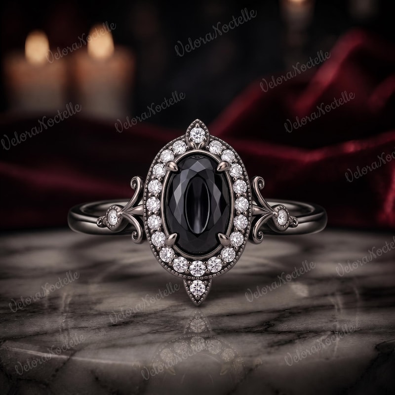 Unique Oval Cut Black Onyx Engagement Ring, Gothic Art Deco Ring, Anniversary Gift