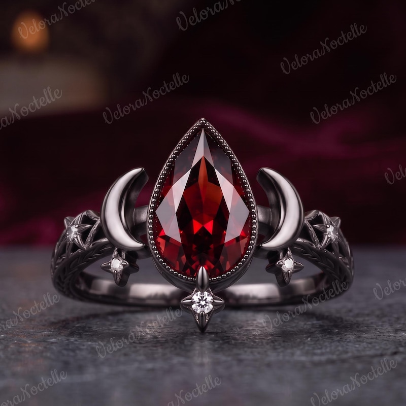 Gothic Pear Cut Garnet Ring, Crescent Moons and Stars, Dark Celestial Statement Jewelry