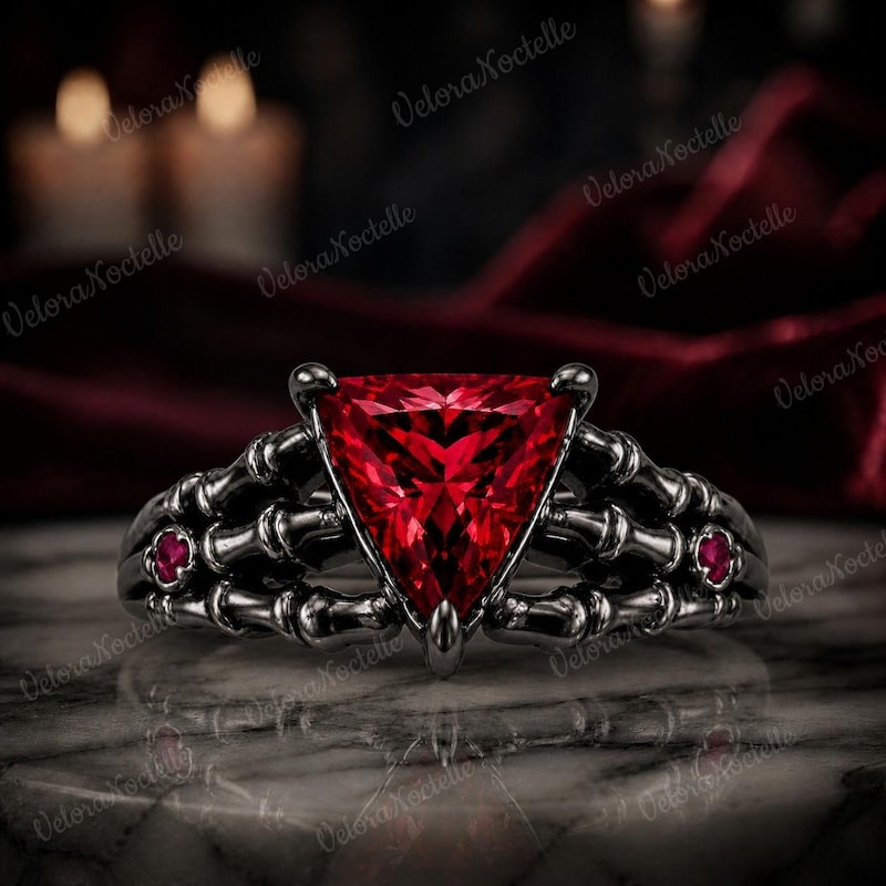 Gothic Skeleton Hand Ring, Red Triangle Cut Garnet, Dark Sculpted Bone Band