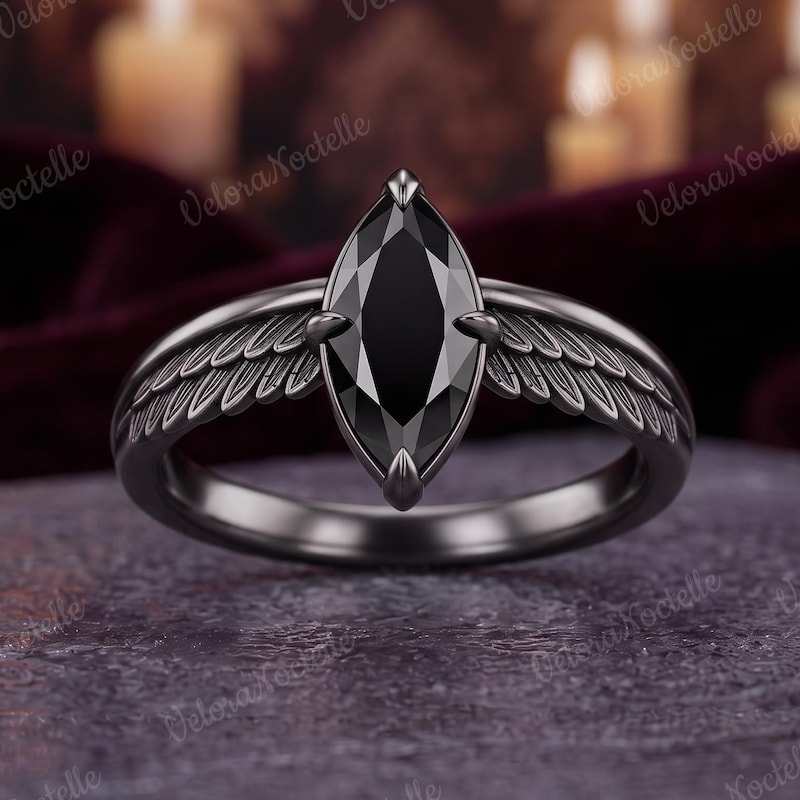 14K Gold Gothic Black Onyx Statement Ring, Marquise Solitaire Ring, Sculpted Feather Wings