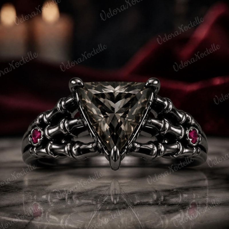 14K Black Gothic Skeleton Hand Design Smoky Quartz Ring, Halloween Engagement Ring, Statement Band