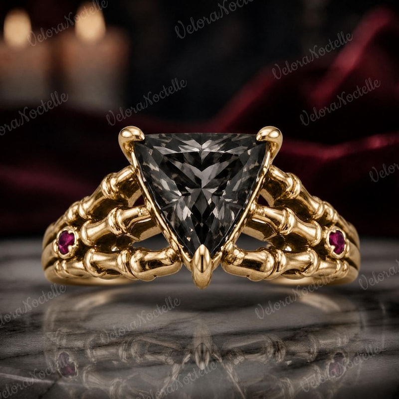 14K Yellow Gold Gothic Skeleton Hand Design Smoky Quartz Ring, Halloween Engagement Ring