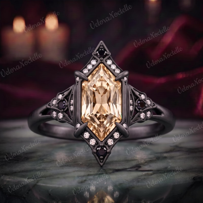 14K Black Gold Gothic Lab Grown Yellow Sapphires Ring, Art Deco Engagement Band