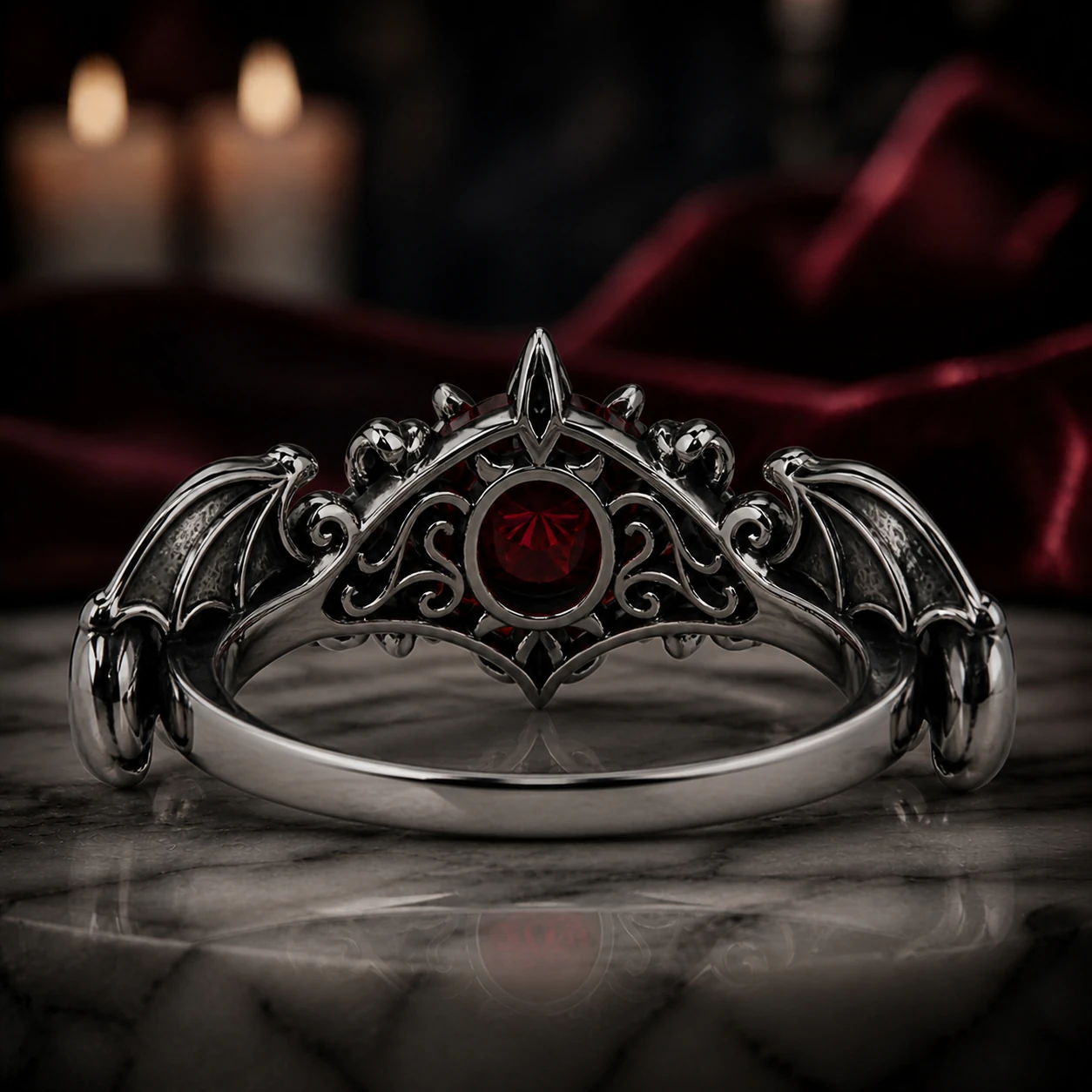 Garnet Bat Wing Ring — back view