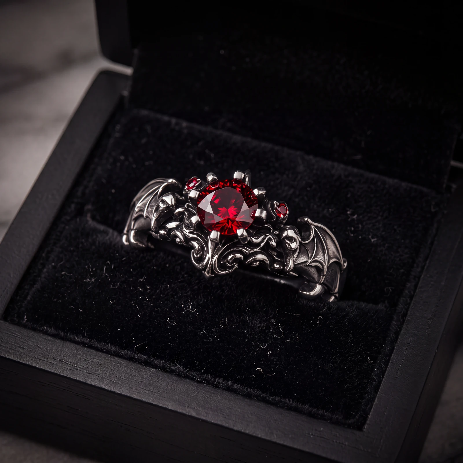 Garnet Bat Wing Ring — box view