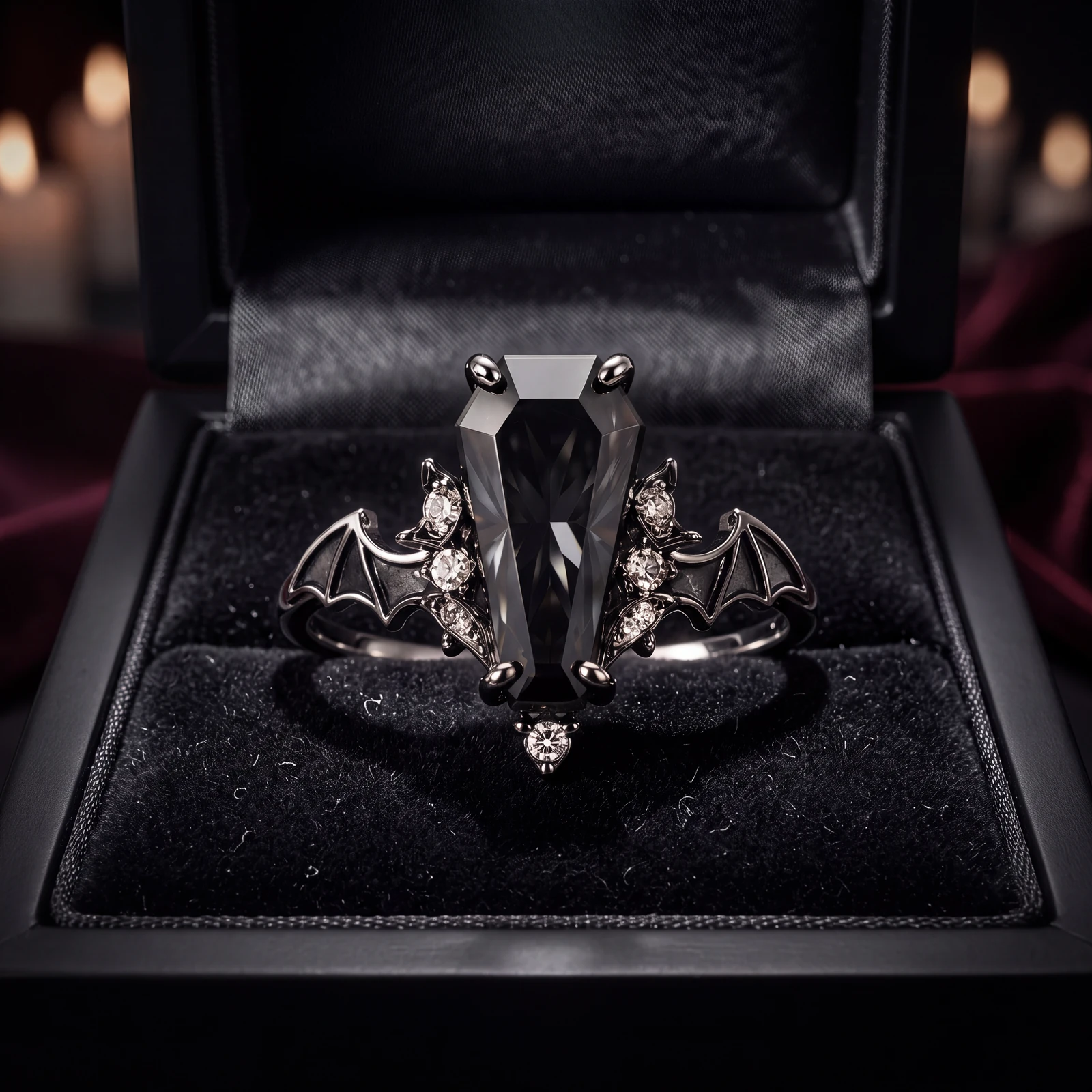 Coffin Onyx Bat Ring — box view