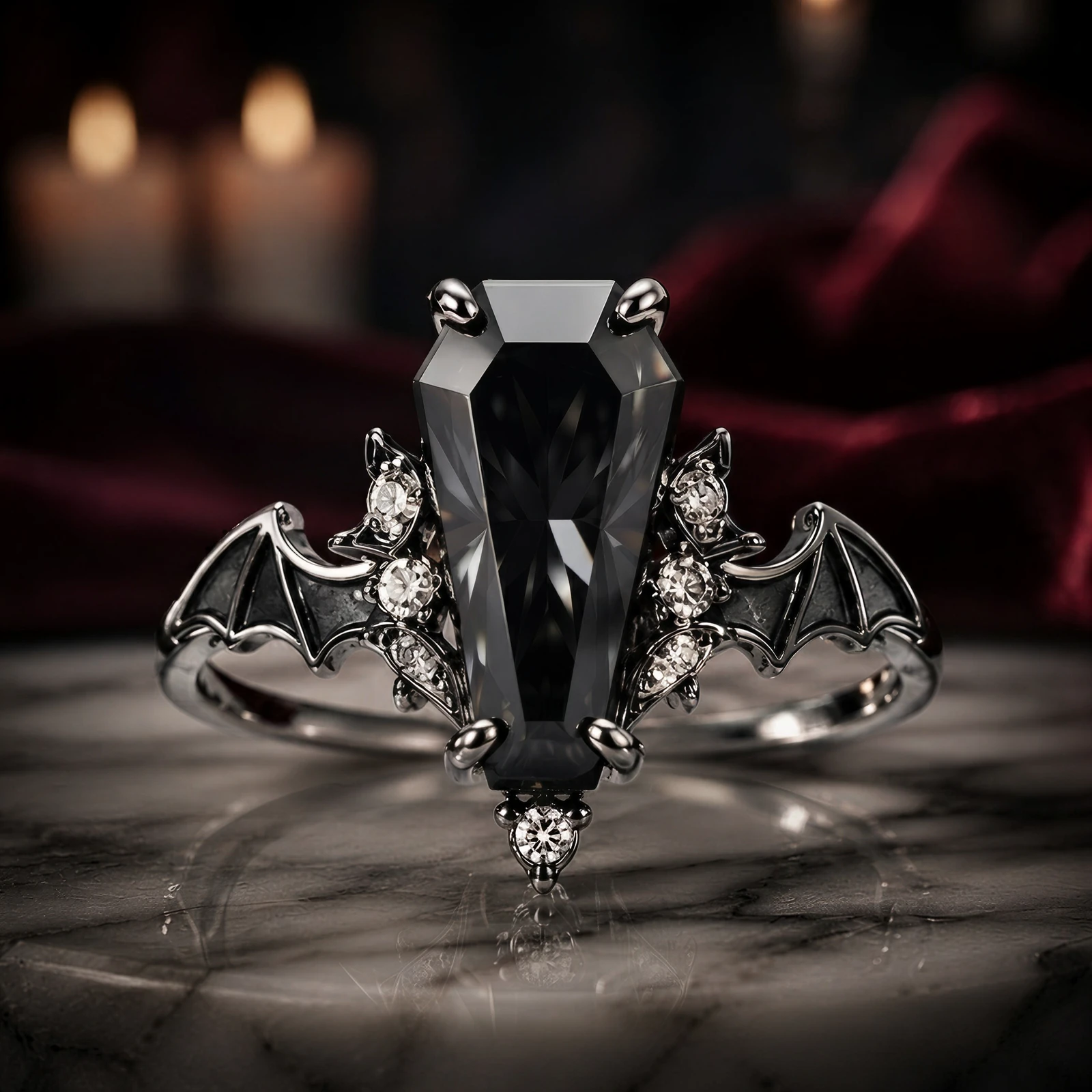 Coffin Onyx Bat Ring — front view