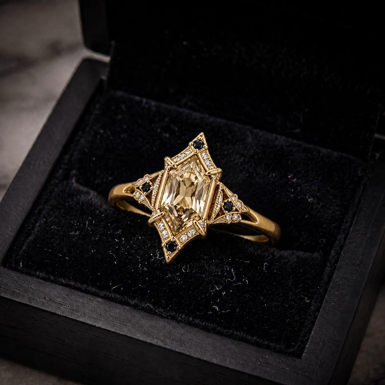 Golden Sapphire Ring presented in a black velvet ring box