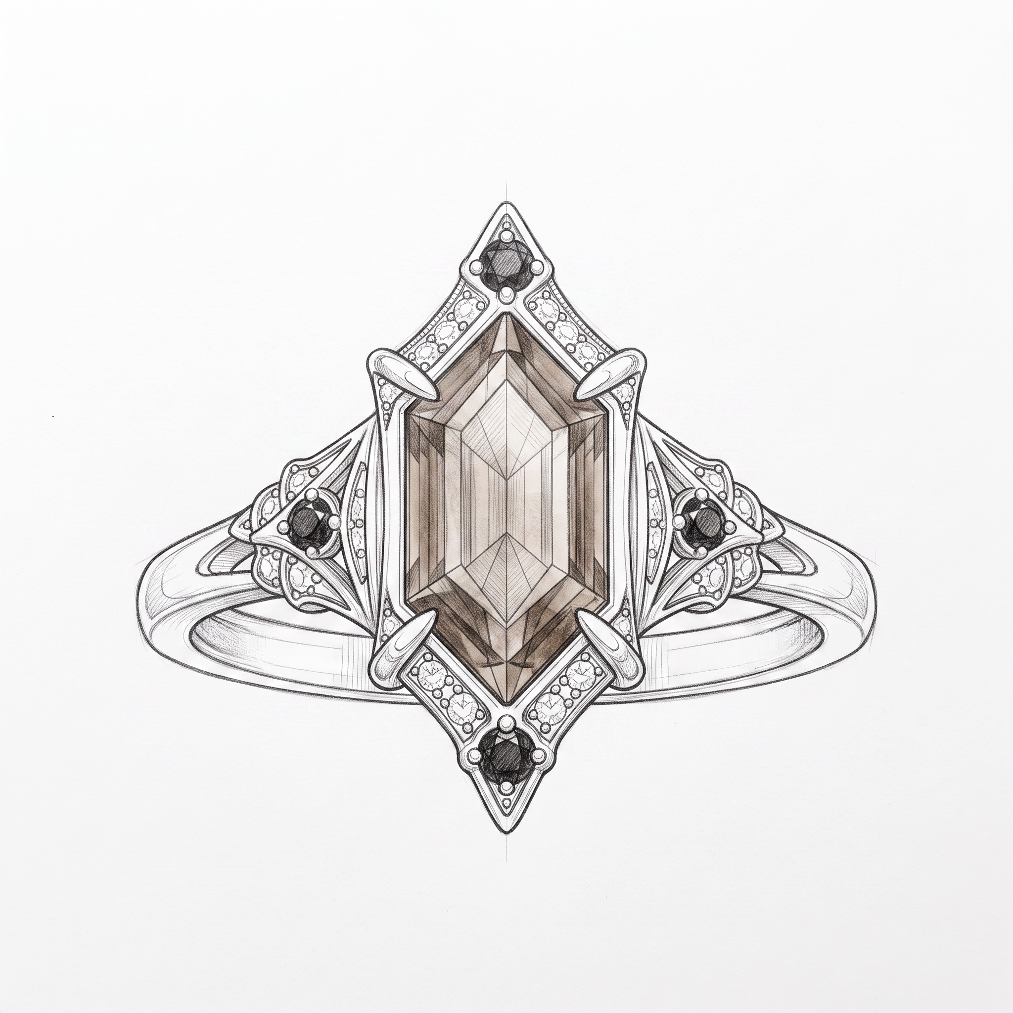 Design illustration of the Golden Sapphire Ring, showing its pointed gothic setting and fine details