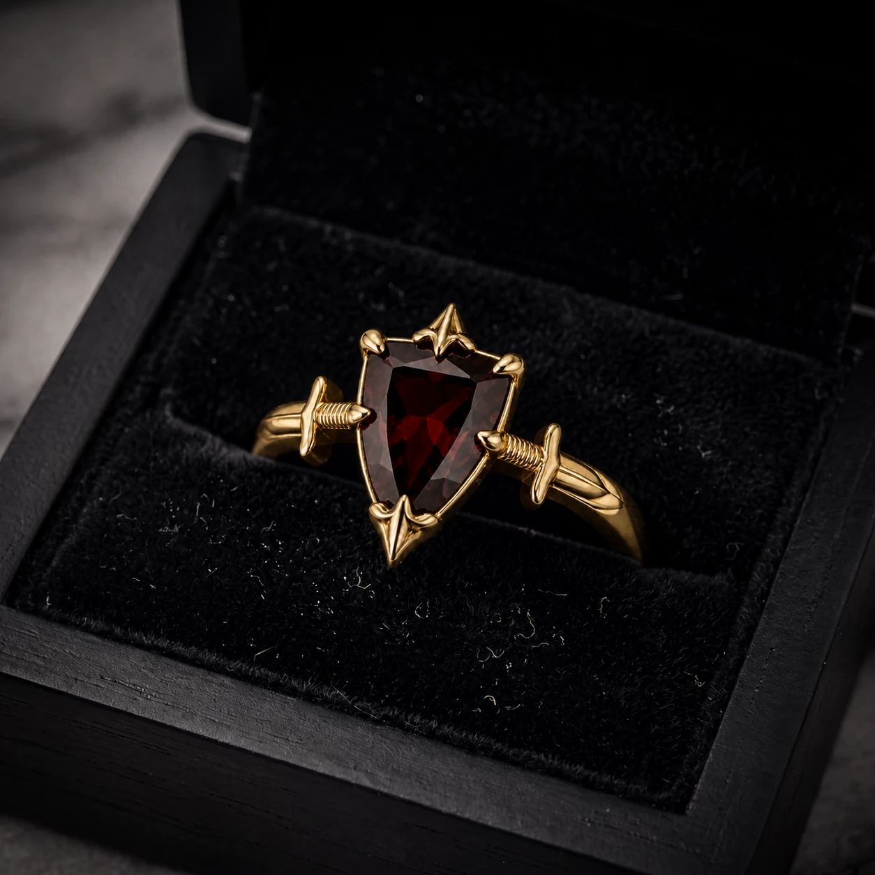 Ruby Shield Sword Ring — box view