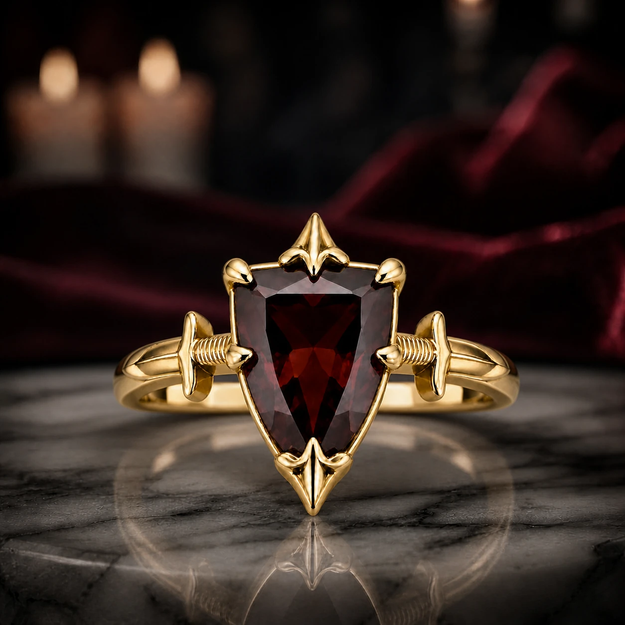 Ruby Shield Sword Ring — front view